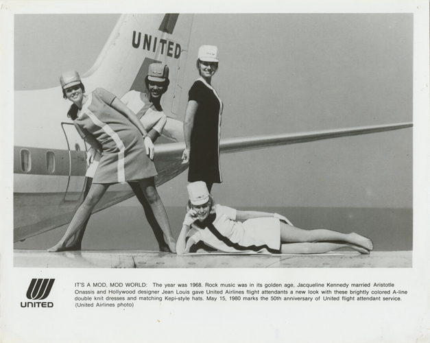 Cropped Models in United Airlines flight attendant uniforms designed by Jean Louis - Digital Collection
