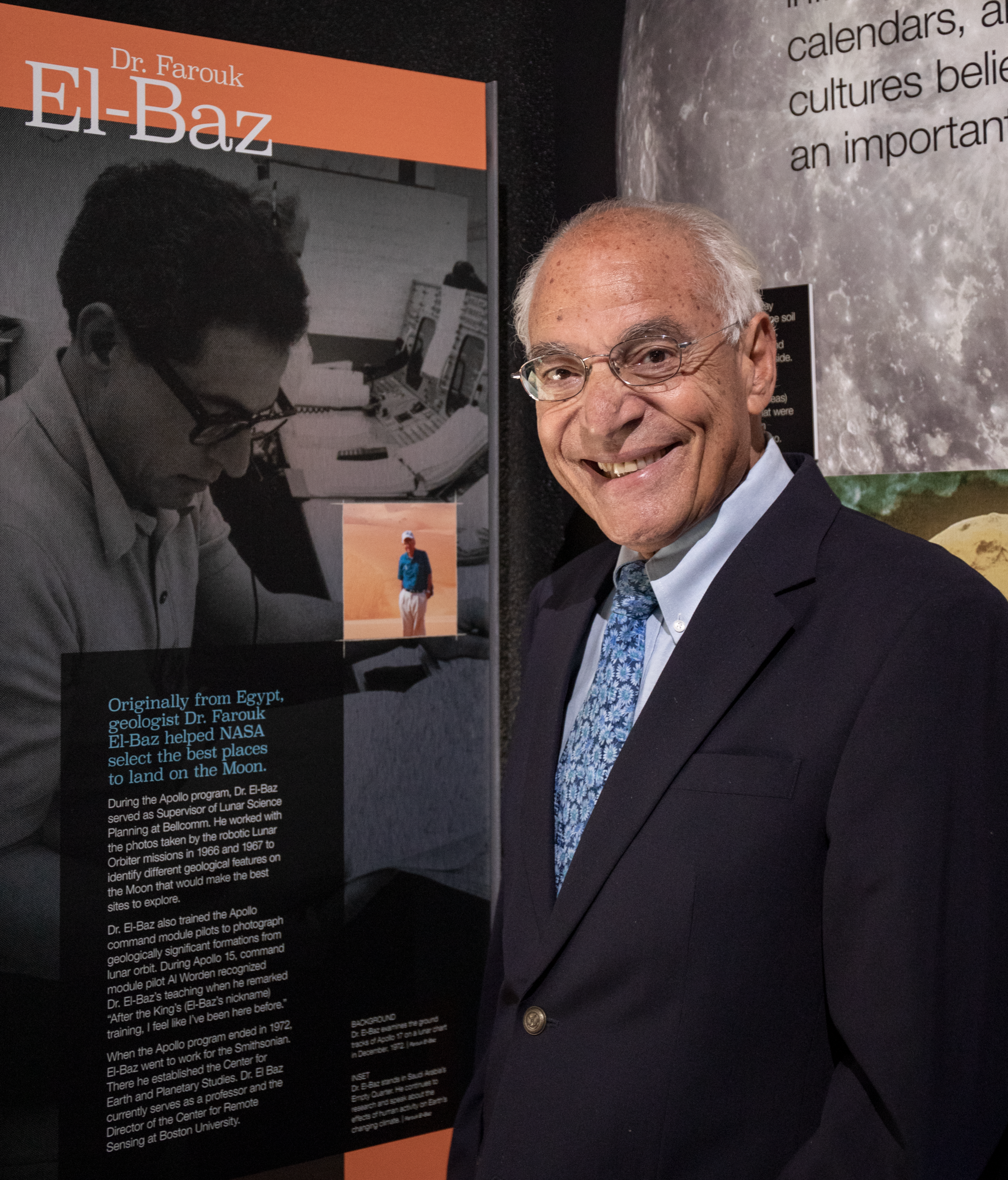Dr. Farouk El-Baz in the Apollo exhibit at The Museum of Flight