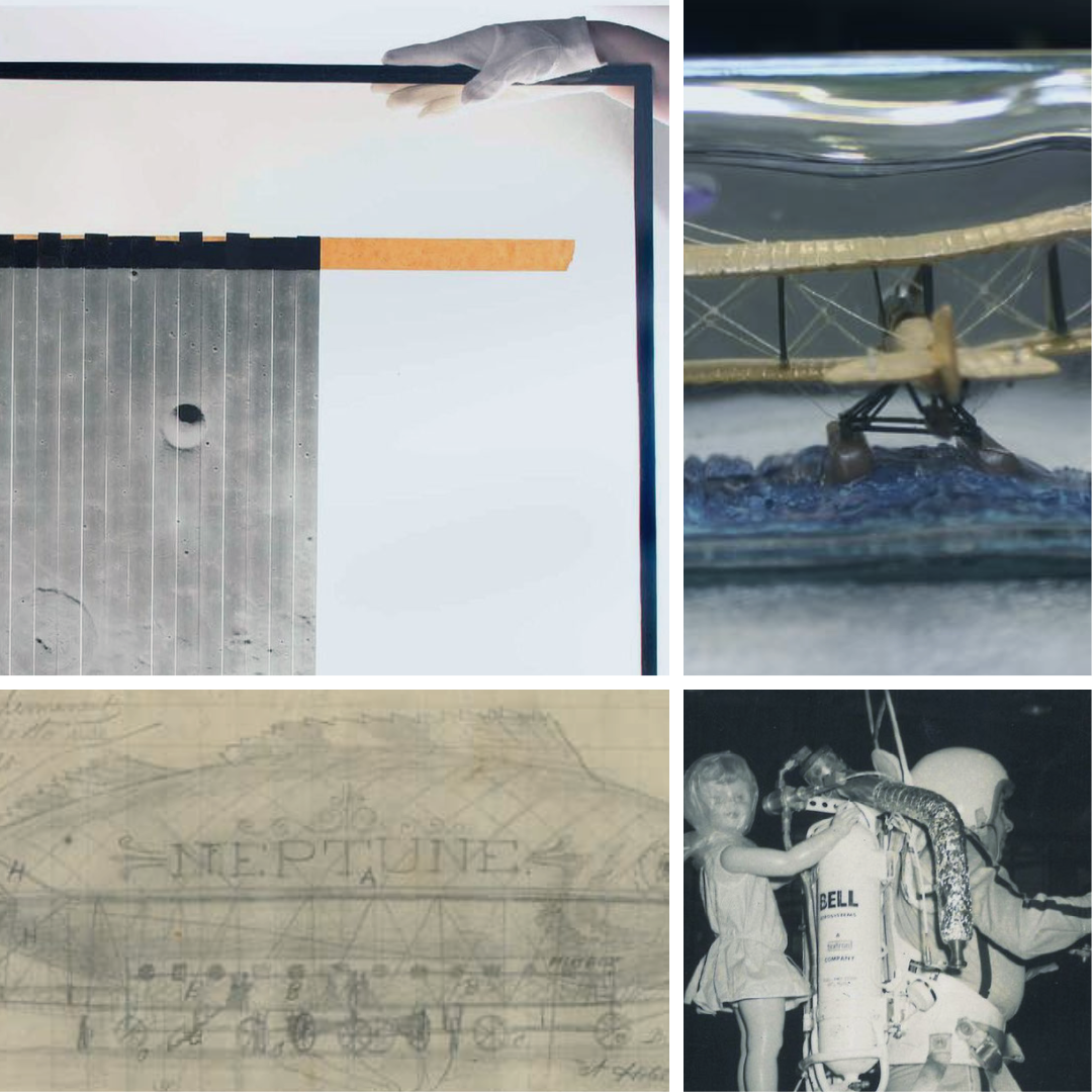Featured image: A collage of four images. In the top left corner a hand holds a clear frame containing strips of film showing the surface of the moon. The top right shows a close up of a Boeing B&W aircraft model inside a bottle, like a ship in a bottle but an airplane. The bottom right shows someone strapped into what appears to be a jetpack with a large, creepy doll who’s head is wrapped in plastic looking out at the camera. The bottom left corner has an aged drawing of an elaborate hot air balloon shaped like a fish. - Read full post: Curios from the Collection