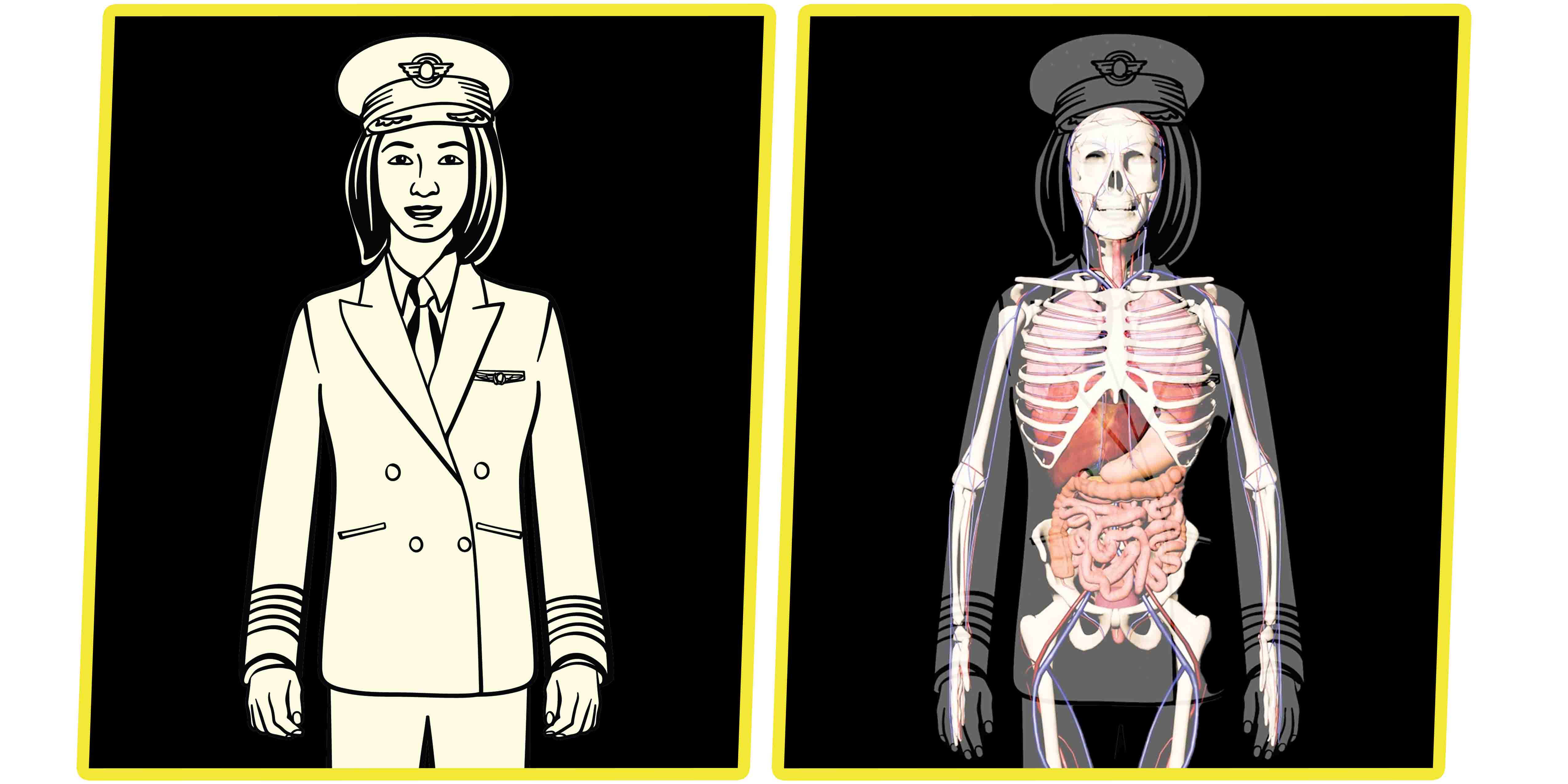 Figure representing Ari Fuji, superimposed over a skeleton to show how bodies are affected by flight.
