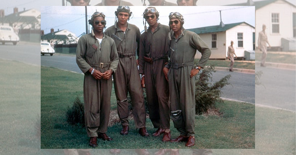 Featured image: Four Tuskegee Airmen in flight suits stand together - Read full post: A Short History of the Tuskegee Airmen