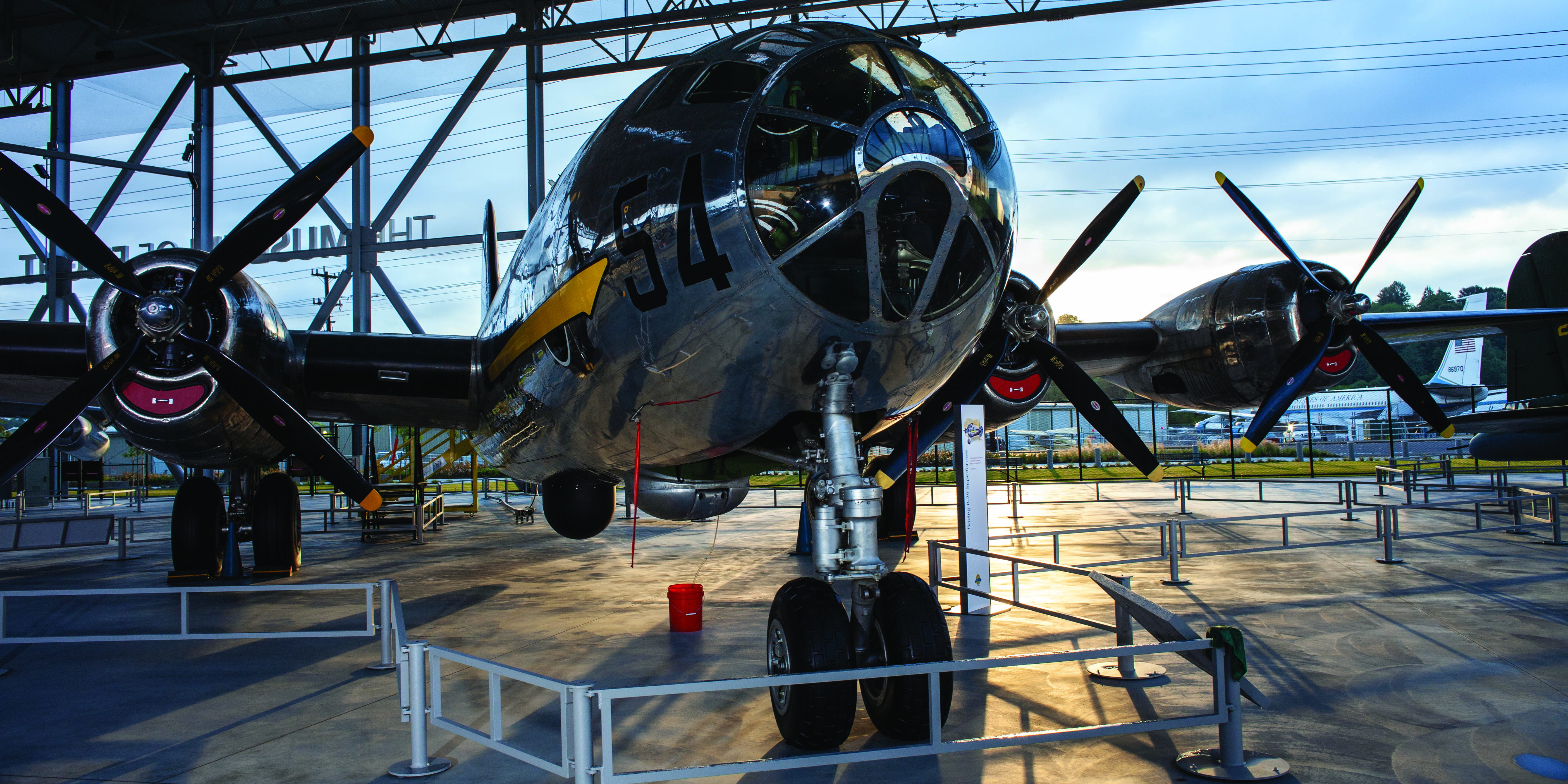 T-Square 54, The Museum of Flight's B-29, pictured head-on at sunrise.